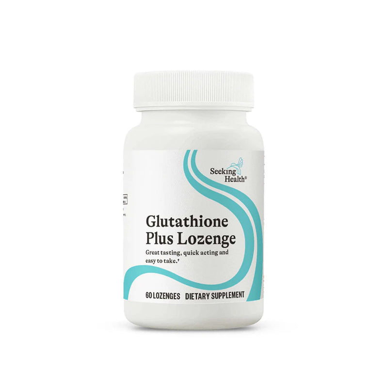 A Supplement container with the name Glutathione Plus Lozenges by Seeking Health.