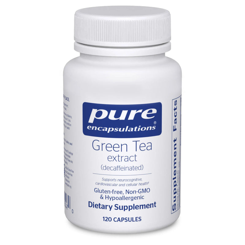 A Supplement container with the name Green Tea Extract (decaffeinated) by Pure Encapsulations.
