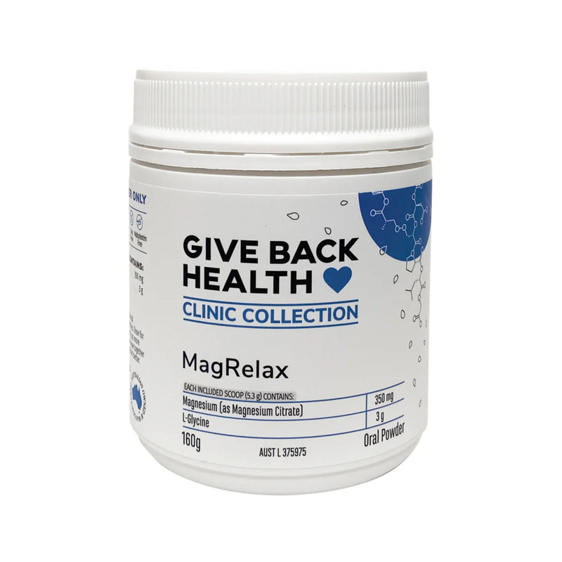 Image of a white suppelement bottle which says give back health clinic collection Magrelax each included scoop (5.3g) contains Magnesium (as magnesium citrate) 350mg, L-Glycine 3g
160g oral powder