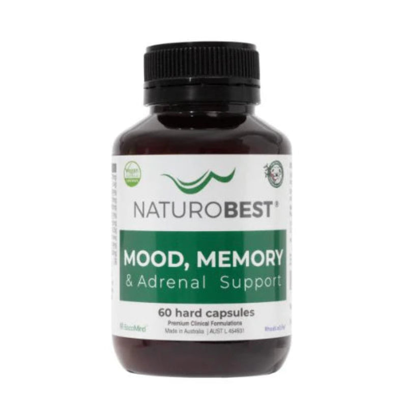 A Supplement container with the name Mood, Memory & Adrenal Support by Naturobest.