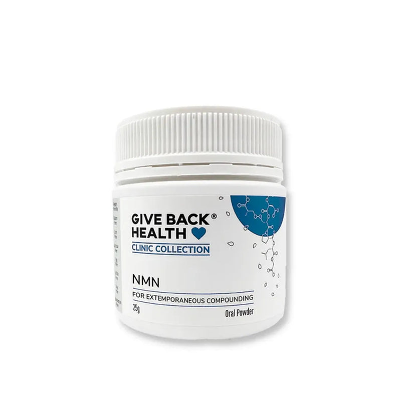 Image of a white supplement bottle that says give back health clinic collection NMN for extemporaneous compounding