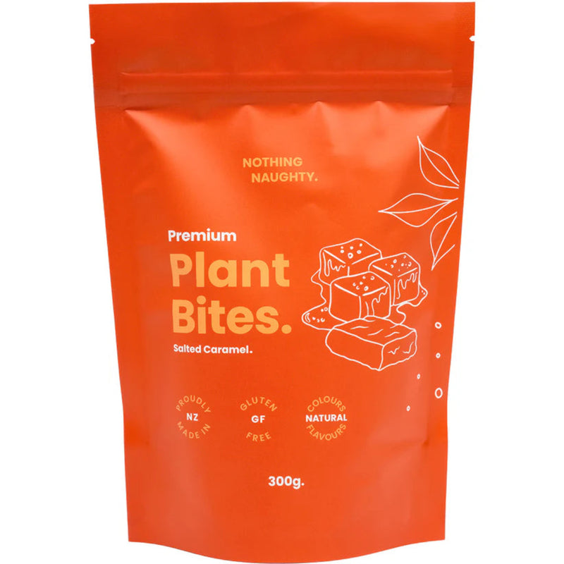 A Supplement pouch with the name Salted Caramel  Premium Protein Plant Bites by Nothing Naughty.