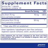 Text describing the ingredients: Zinc (from 75mg Zinc-L-Carnosine complex), Carnosine (from 75mg zinc-L-carnosine complex)