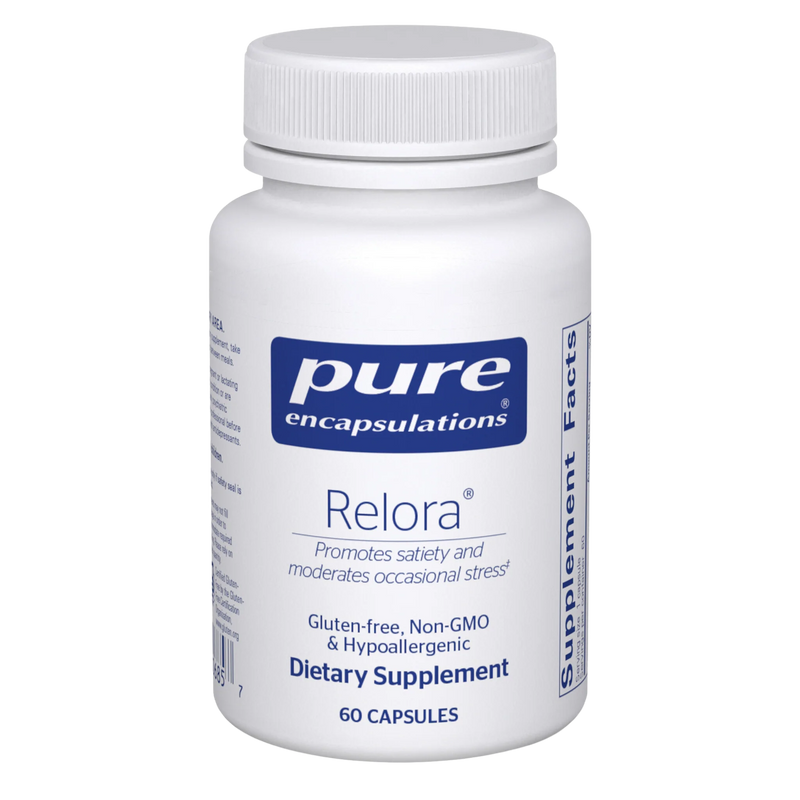 A Supplement container with the name Relora by Pure Encapsulations.