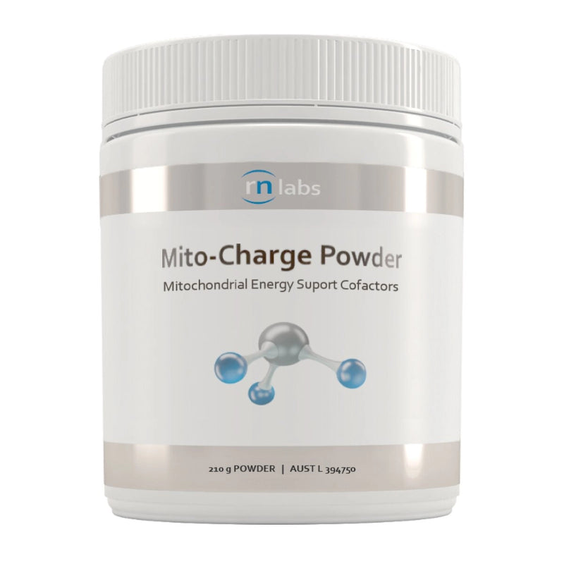 Image of a white supplement bottle that says Mito- charge powder mitochondrial energy suport cofactors 
210g powder