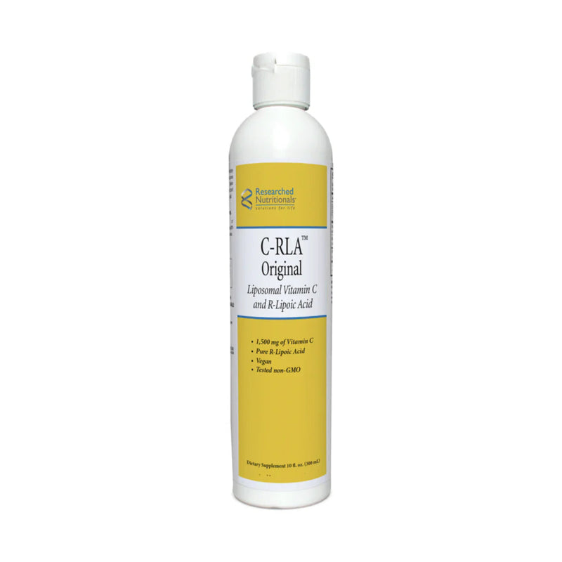 A Supplement container with the name C-RLA Liposomal Vitamin C by Researched Nutritionals.