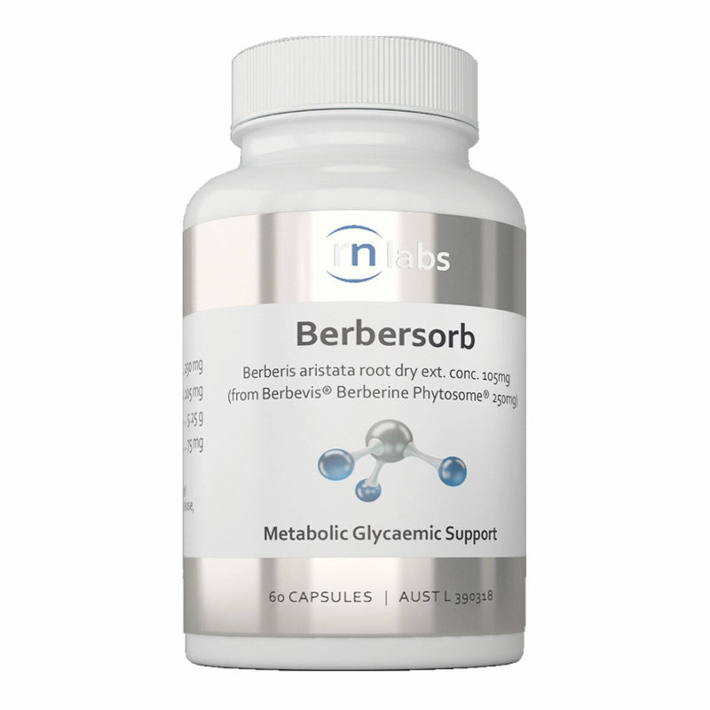 Image of a white suppleemnt bottle that says berbersorb berberis aristata root dry ext. conc .105mg ( from berbevis berbrine phytosome 250mg. metabolic glycaemic support 60 capsules