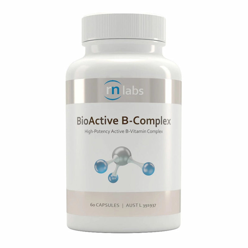 Image of a white supplement bottle that says bioactive b- complex high potency active b-vitamin complex  60 capsules rn labs