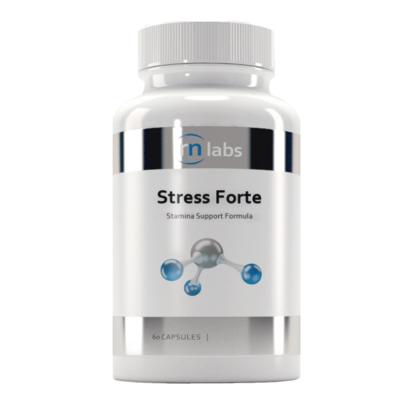 A Supplement container with the name Stress Forte by RN Labs.