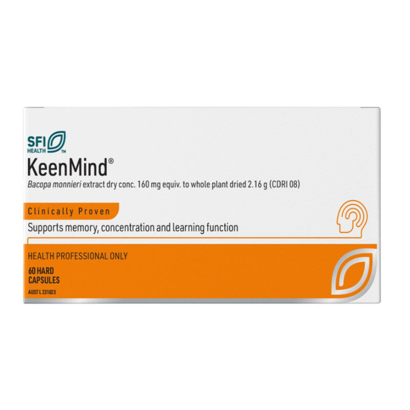 Image of a white supplement box which says SFI Keen mind bacopa monnieri extract dry conc. 160 mg equiv. to whole plant dried 2.16g (CDRI 08) Clinically proven supports memory, concentration and learning function. Health prodfessional only
60 hard capsules