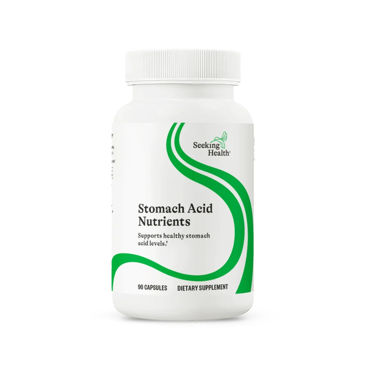 A Supplement container with the name Stomach Acid Nutrients by Seeking Health.