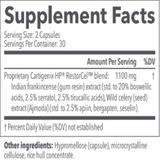 Ingredients: Proprietary Cartigenix HP RestorCel blend, 1100mg Indian frankincense (gum resin) extract (std to 20% boswellic acid, 2.5% serratol, 2.5% tirucallic acid), Wild celery (seed) extract (Ajmoda) (std to 2,.5% apiin, bergapten, seselin).