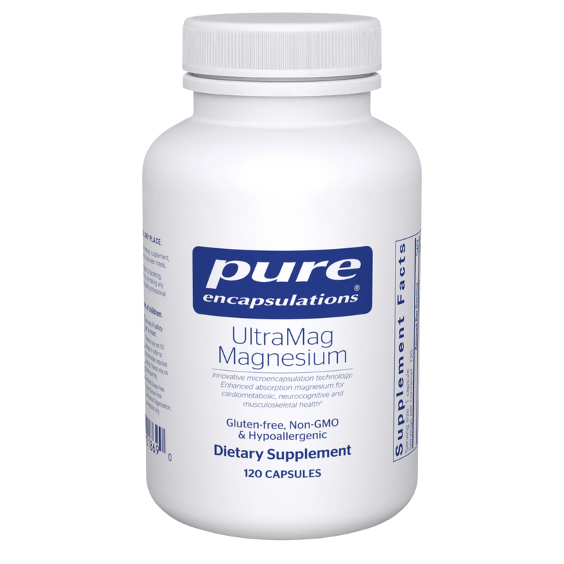 A Supplement container with the name UltraMag Magnesium by Pure Encapsulations.