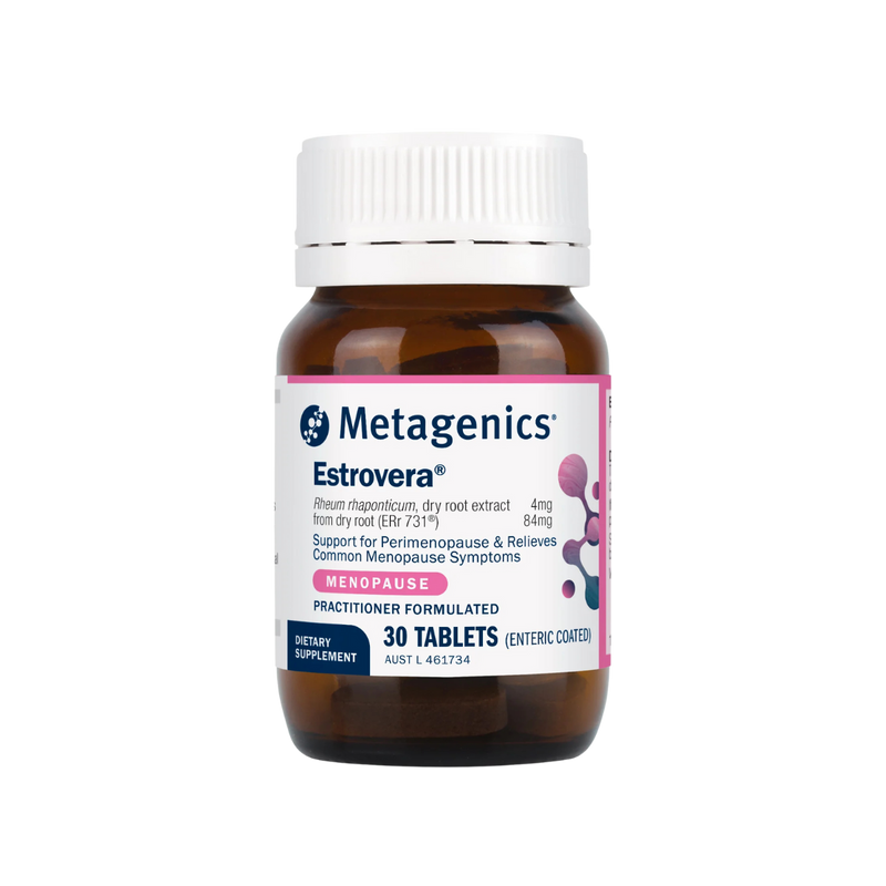 Metagenics Estrovera bottle image 30 tablets. Support for Perimenopause & Relieves Common Menopause Symptoms.