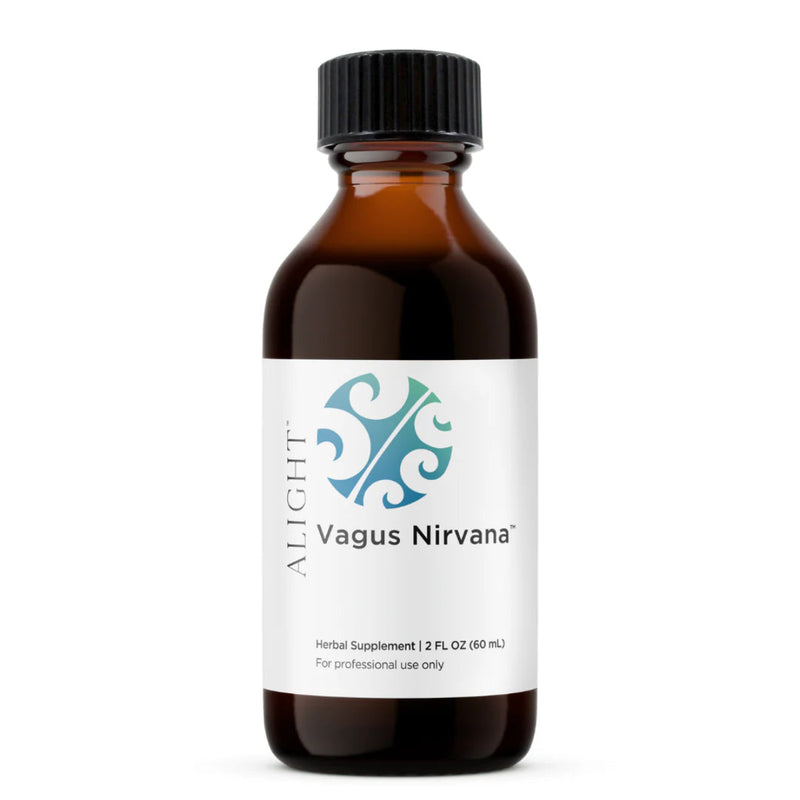 Image of a white supplement bottle which says alight vagus nirvana Herbal supplement 2 FL OZ (60mL) For professional use only