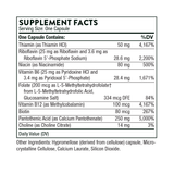 Ingredients including Thiamin HCI, Riboflavin 5 Phosphate, Niacin, Niacinamide, Vitamin B6, Pyridoxine HCI, Pyridoxal 5 Phosphate, Folate, L5mthfr, Vitamin B12, Methylcobalamin, Biotin, Pantothenic acid, Calcium Pantothenate,  Choline Citrate.