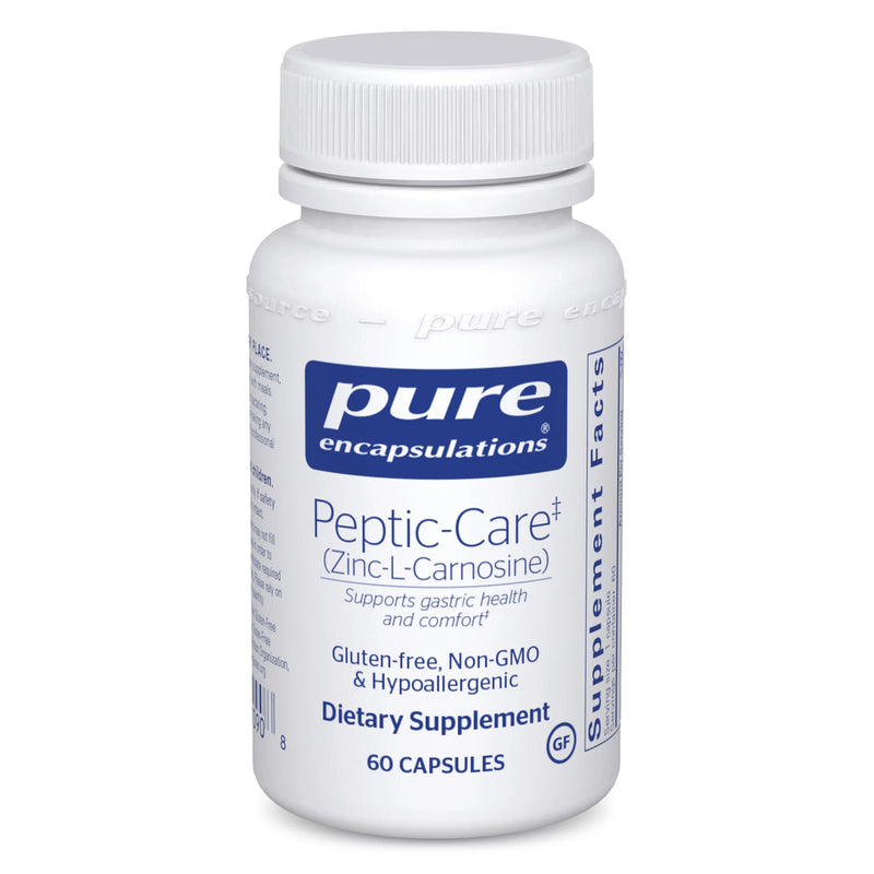 A Supplement Container with the name Peptic-Care (Zinc L-Carnosine) by Pure Encapsulations.