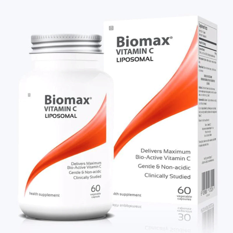 Image of a white bottle cthat says Biomax vitamin c liposomal delivers maxiumum bio - active vitamin c gentle and non-acidic clinically studied.