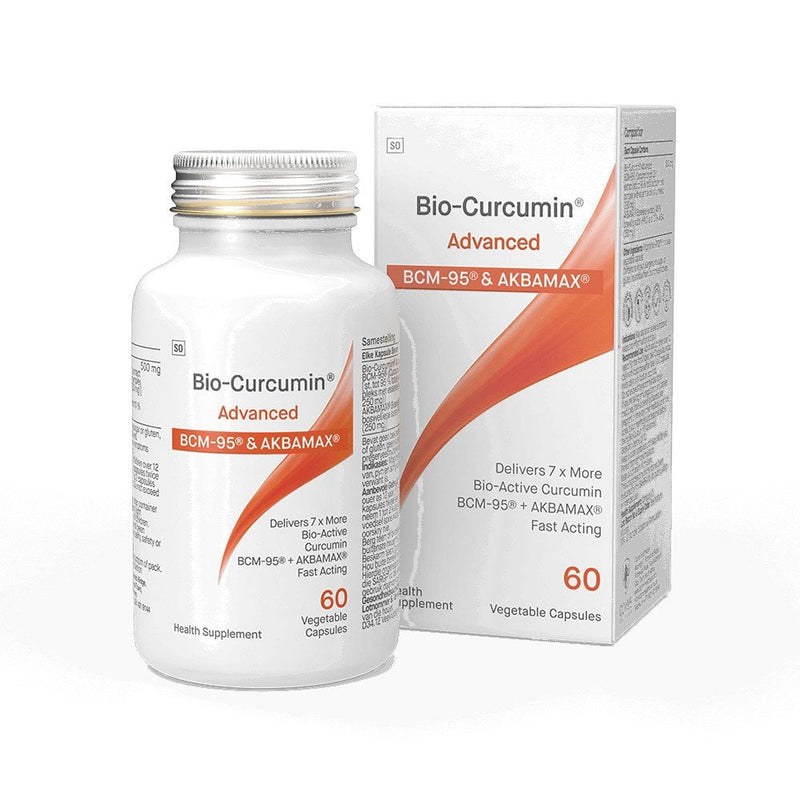 image of a white box that says bio-curcumin advanced BCM-95 and AKBAMAX delivers 7xmore bio-active curcumin BCM-95 + AKBAMAX Fast acting health supplement 60 vegetable
capsules