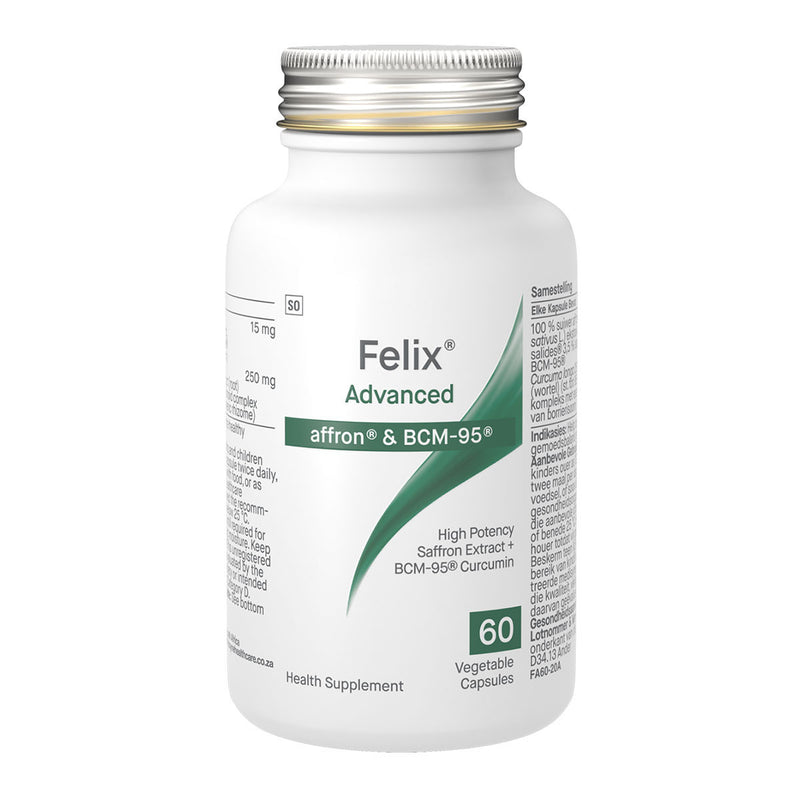 An image of a white bottle that says felix advanced affron & BCM-95 High potency saffron extract+ BCM-95 Curcumin 60 Vegetable capsules
