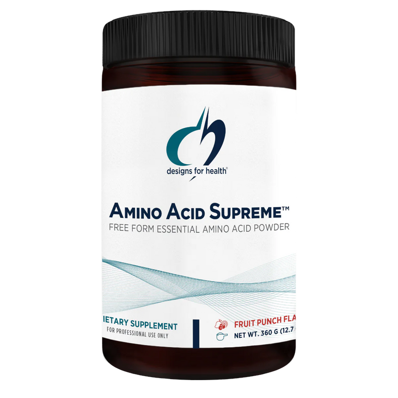 A supplement white supplement container that says designs for health amino acid supreme ree form essential amino acid powder dietary supplement fruit punch flavour
