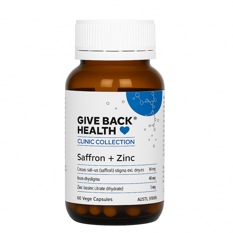 Image of a white supplement bottle that says give back health cinic collection saffron+zinc Crezus sali-us (saffron) stigma exi. dny.es 14mg from dhysligma 40mg, zinc lassinc (itrate dihydrate) 5mg 60 vege capsules
