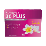 A Supplement container with the name 30 Plus   Hormone Balance Support (60 Tabs) by NuWoman.