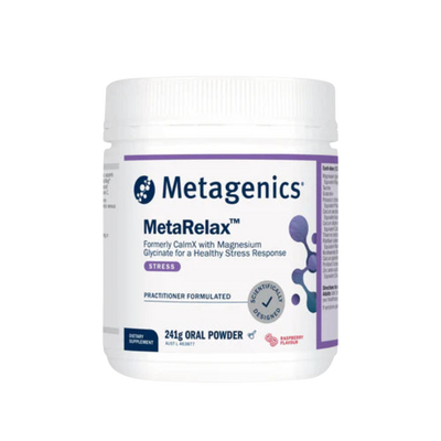 A Supplement container with the name MetaRelax Raspberry 241g (formerly CalmX) by Metagenics.