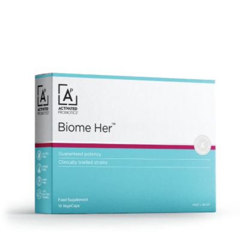A Supplement box with the name Biome Her (10 Vcaps) by Activated Probiotics.