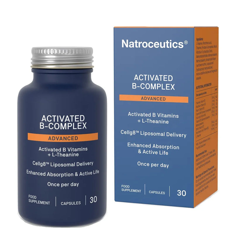image of a blue bottle that says activated b-complex advanced activated b vitamins + L-Theanine cellg8 liposomal delivery enhanced absorption and active life once per day food supplement 30 capsules
