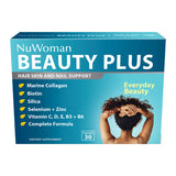 A Supplement container with the name Beauty Plus by NuWoman.