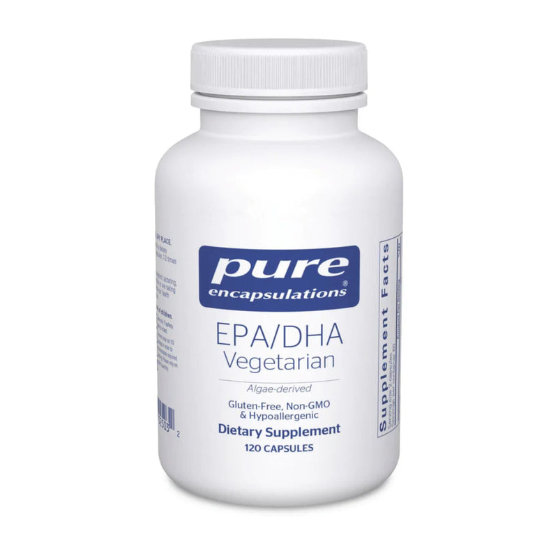 A Supplement container with the name EPA/DHA Vegetarian by Pure Encapsulations.