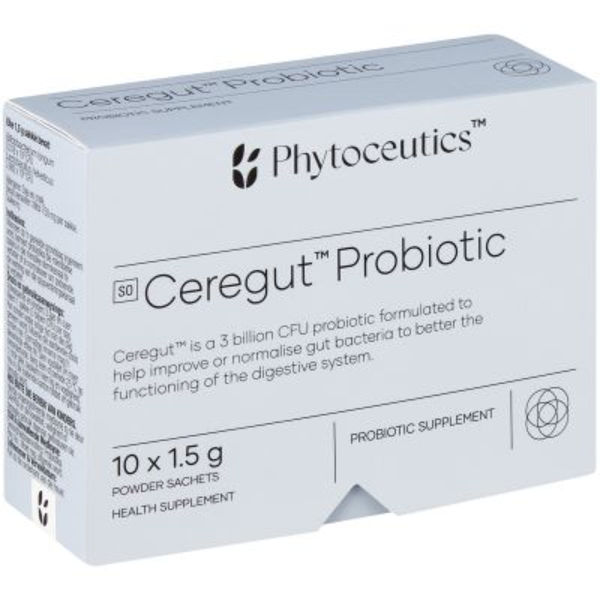 A Supplement box with the name Ceregut Probiotic (10 Sachets) by Phytoceutics.