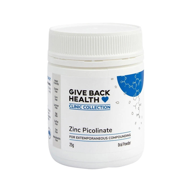 Image of white supplement bottle that says give back health clinic collection zinc picolinate for extemporaneous compounding 25g oral powder