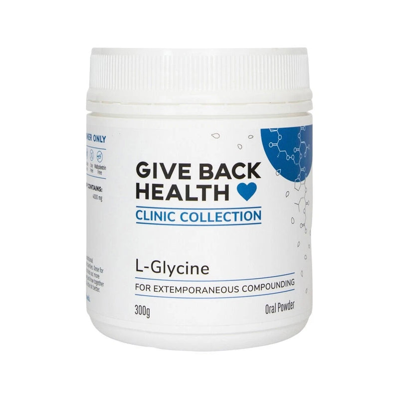 Image of a white supplement bottle that says give back health clinic collection L-Glycine for extemporaneous compounding 300g oral powder