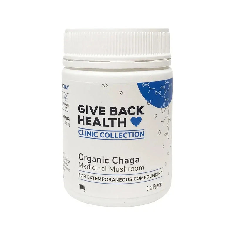 Image of a white supplement bottle which says give back health clinic collection organic chaga medicinal mushroom for extemporaneous compounding 100g