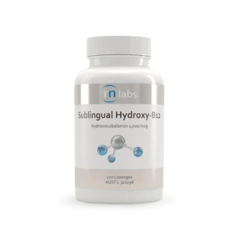 Image of a white supplement bottle that says rn labs sublingual hydroxy b12 hydroxocobalamin 1,000 micrograms 120 lozenges