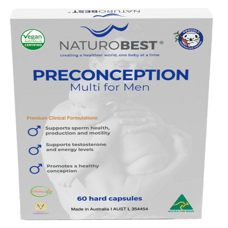 A Supplement container with the name Preconception Multi for Men by Naturobest.