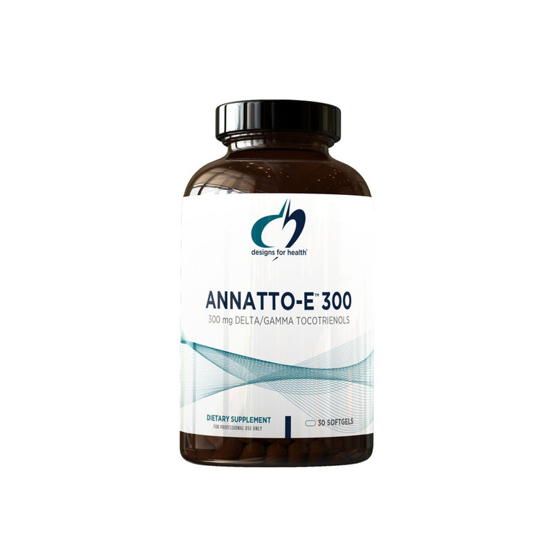 A white supplement bottle which says designs for health Annatto E 300 300mg delta/gamma tocotrienols dietary supplement 30 softgels