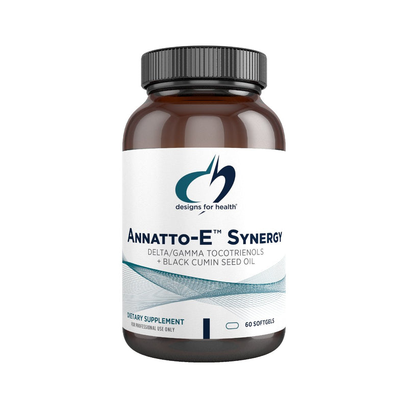 Image of a white supplement bottle that says desigsn for health annatto-e synergy delta/gamma tocotrienols + black cumin seed oil dietary supplement 60 softgels