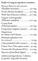 Text listing the ingredients including Passion Flower, Peony, Wild Yam, Organic Ashwagandha, Cramp Bark, Dong Quai, Magnesium, Rehmannia glutinosa, coleus forskohlii, chaste tree, Vitex agnus, Vitamin B6 Piperine. 
