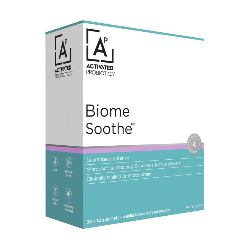 A box of probiotics called Biome Soothe, white and blue box.