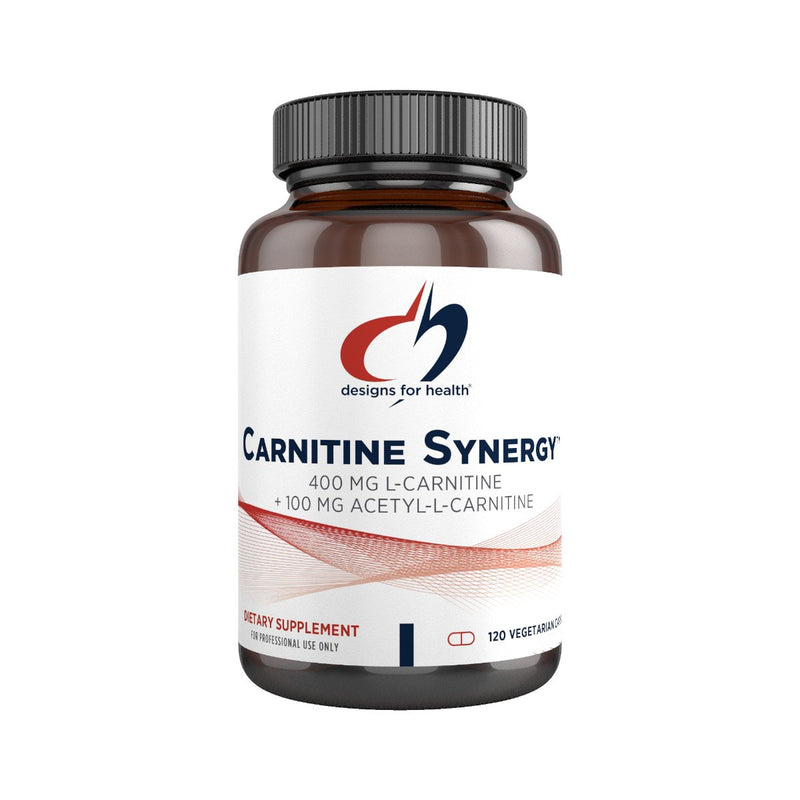 A supplement bottle with the label Carnitine Synergy 400mg L-Carnitine 100mg acetyl-L-Carnitine