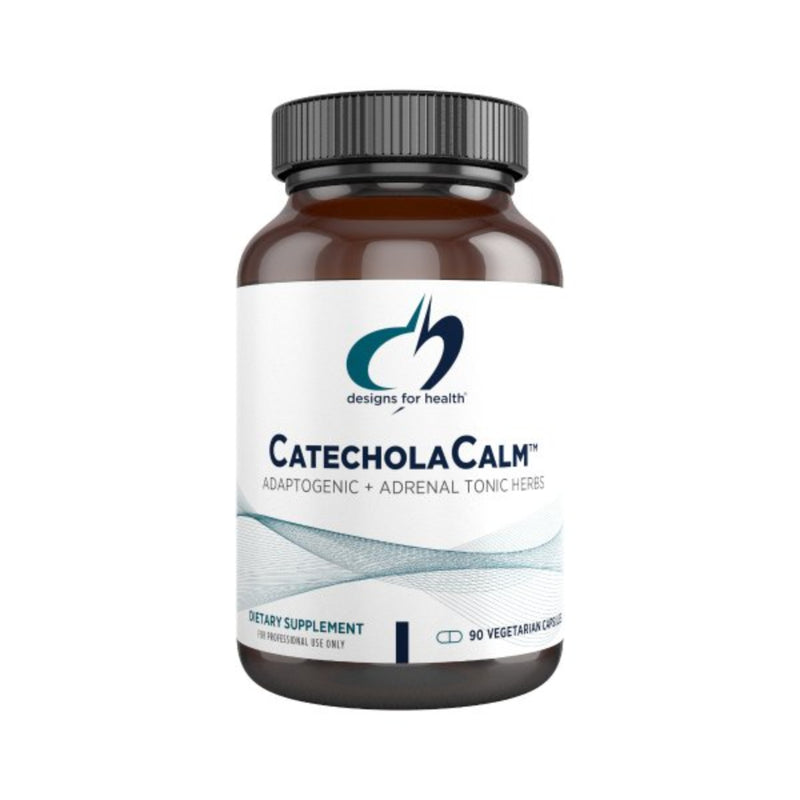 White suppelemnt bottle that says designs for health catechola calm adaptogenic + adrenal tonic herbs detary supplement 90 vegetable caps