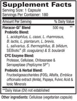 Text describing the ingredients: Floracor-GI Blend 500mg, Probiotic Blend: L. acidophilus, L. casei, L. rhamnosus, B. Lactis, L. Plantarum, L. brevis, L. salivarius, S. thermophilus, B. bifidum, SEBiotic (B.coagulans) & S. boulardii. CYC Enzyme Blend: Protease, Cellulase, Chitosanase & Serrapeptase (peptizyme SP). Prebiotic & Herbal Blend: Fructooligosaccharides (FOS), Alfalfa, Emblica, officinalis extract (Amla), Papaya, Fulvic Acid & Ionic Minerals.