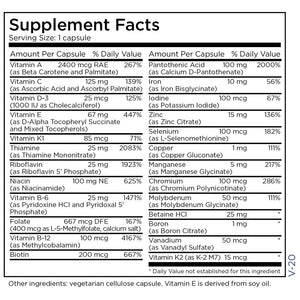 Text listing the ingredients including Vitamin A, Vitamin C, Vitamin D-3, Vitamin E, Ascorbyl Palmitate, D-Alpha Tocopheryl, Vitamin K1, Thiamine, Riboflavin, Niacin, Niacinamide, Vitamin b6, Pyridoxine HCI, Pyridoxal 5 Phosphate, Folate, l-5-Methylfolate, Vitamin b12, Methylcobalamin, Biotin, Pantothenic acid, Iron, Iodine, Zinc citrate, Copper Gluconate, Manganese glycinate, Chromium, Molybdenum, Betaine HCl, Boron, Vanadium, Vitamin k2