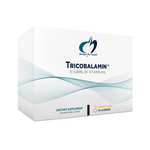 Image of a supplement box that says designs for health Tricobalain 3 forms of vitamin B12 dietary supplement oragnge flavour 60 lozenges 