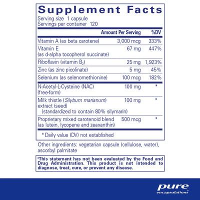 Ingredients: Vitamin A, E, B2, Zinc, Selenium, N-Acetyl-L-Cysteine, Milk thistle, Proprietary mixed carotenoid blnd (as lutein, lycopene and zeaxanthin)