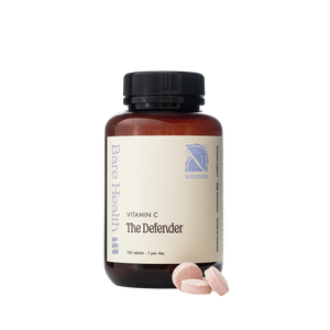 A Supplement container with the name The Defender (100 Tabs) by Bare Health