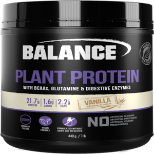 A Supplement container with the name Plant Protein (400g Vanilla flavour) by Balance.